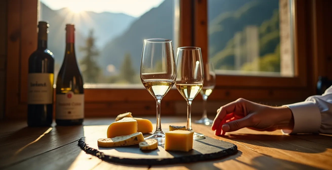 Plateau de fromages savoyards avec verres de vin blanc sur fond de montagnes