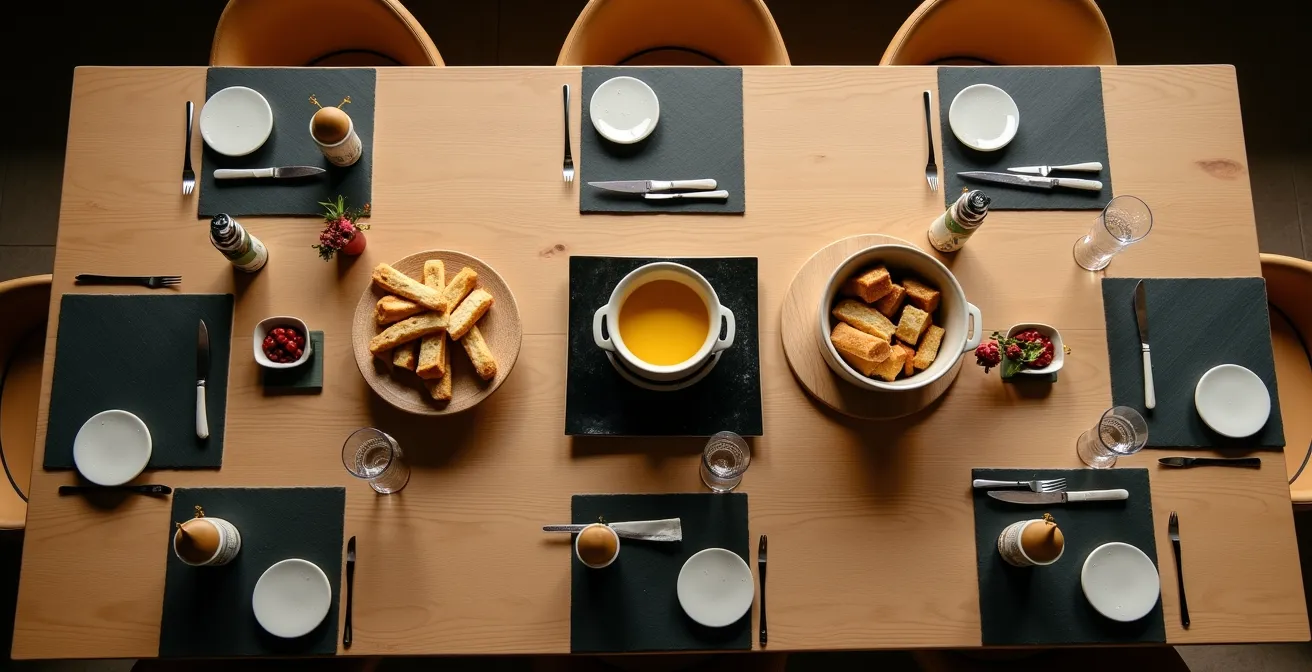 Vue aérienne d'une table avec deux caquelons à fondue et plateau tournant central