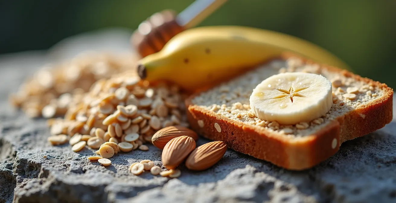 Nature morte d'aliments adaptés pour l'escalade disposés sur une surface rocheuse