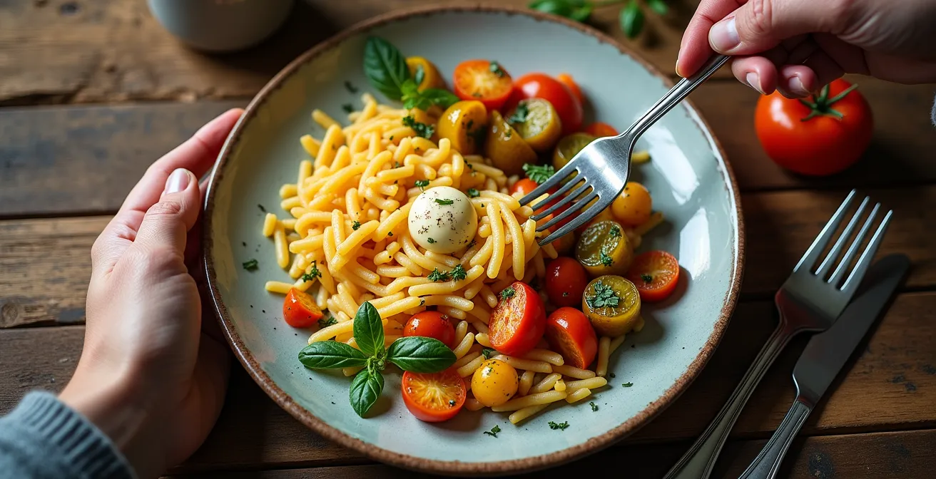 Assiette végétarienne colorée avec röstis, légumes grillés et fromage fondu sur table en bois de refuge