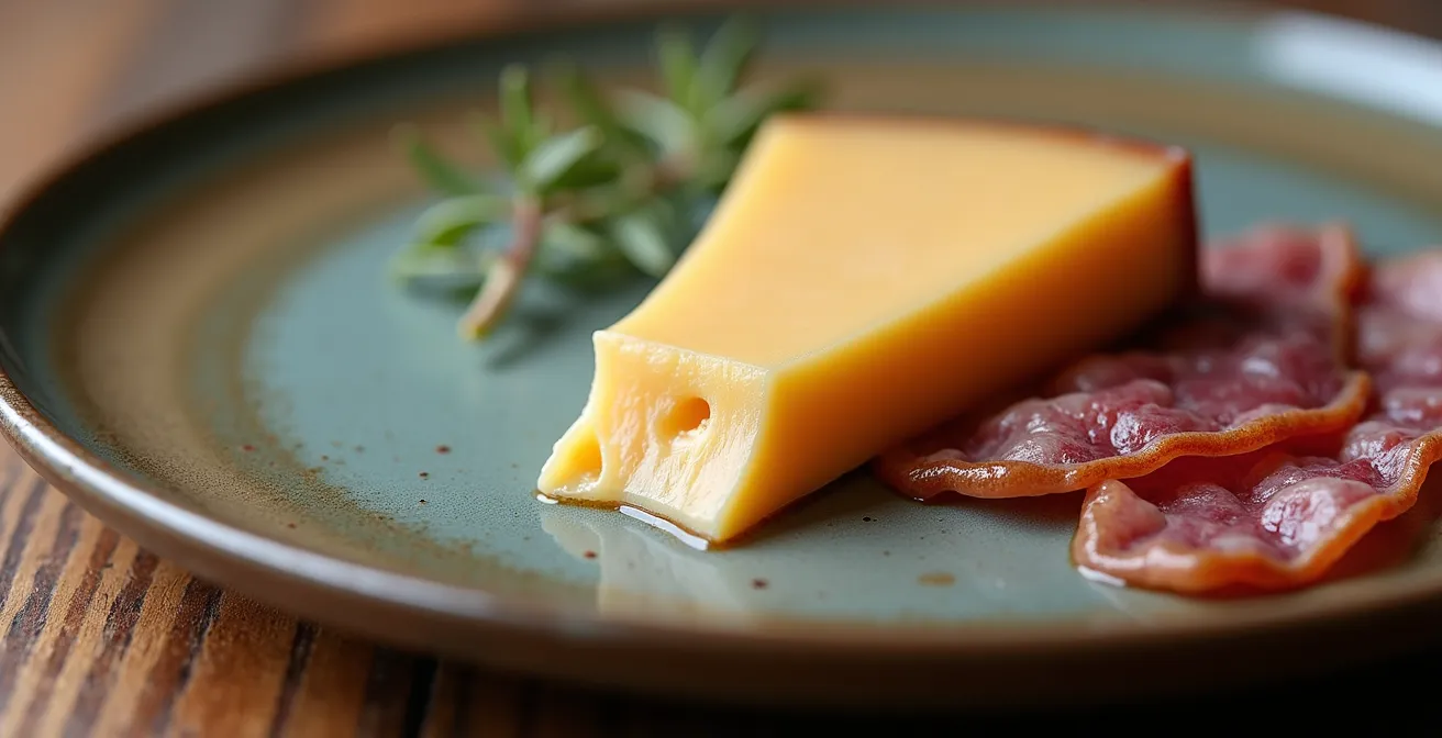 Gros plan sur assiette en grès avec fromage et charcuterie de montagne