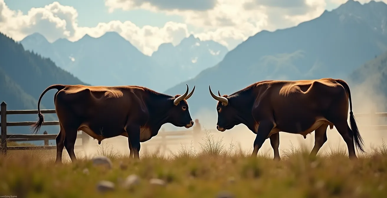 Bataille des Reines avec vaches d'Hérens dans un alpage alpin
