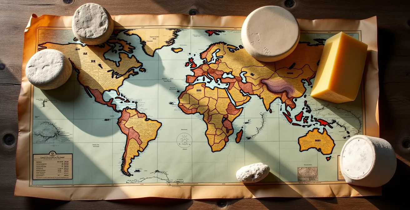 Carte topographique avec zones colorées représentant les différentes AOP fromagères