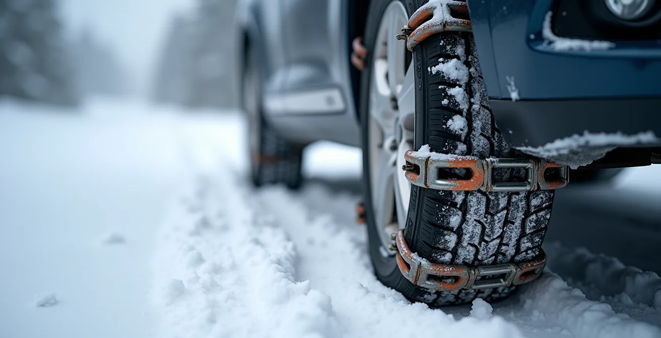 Détail macro de chaînes à neige sur pneu dans la neige fraîche