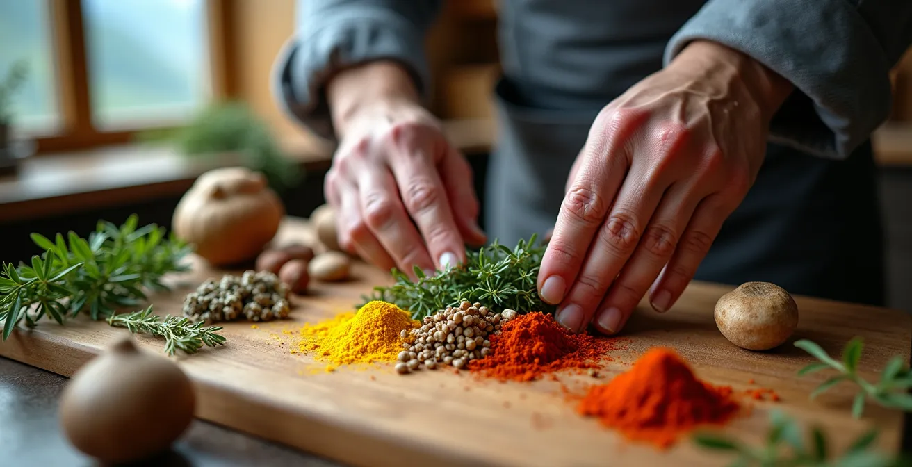 Gros plan sur les mains d'un chef préparant des herbes de montagne et épices pour compenser la perception gustative en altitude