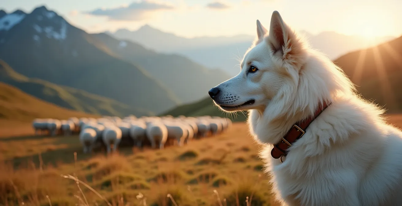 Chien de protection des Pyrénées surveillant un troupeau de moutons dans un alpage