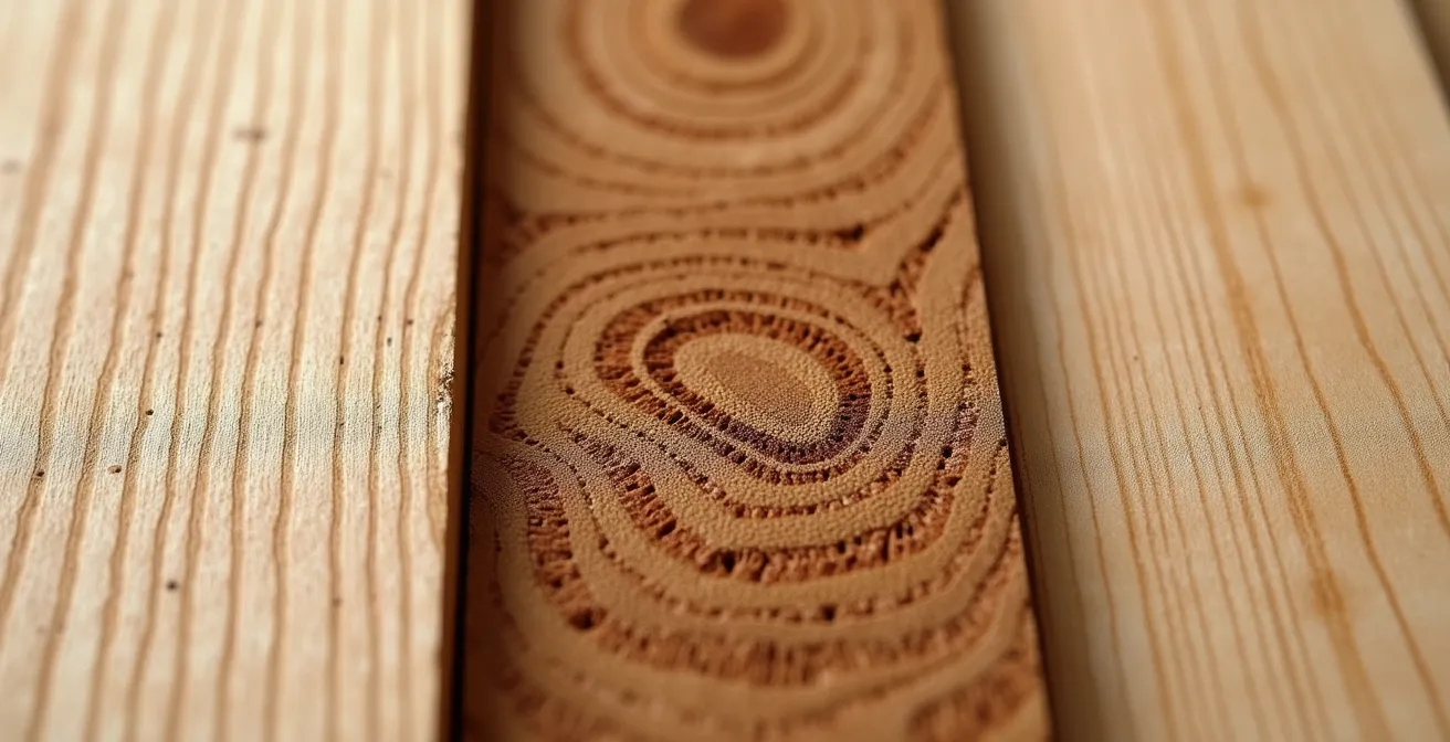 Vue macro comparative des textures de trois essences de bois : hêtre, olivier et buis