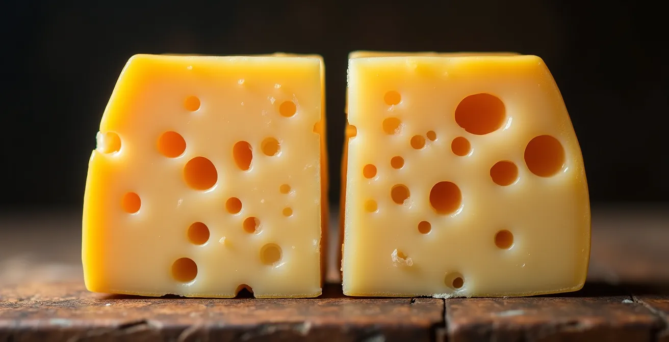 Coupe transversale de deux fromages au lait cru montrant leurs différences de texture et de microbiote