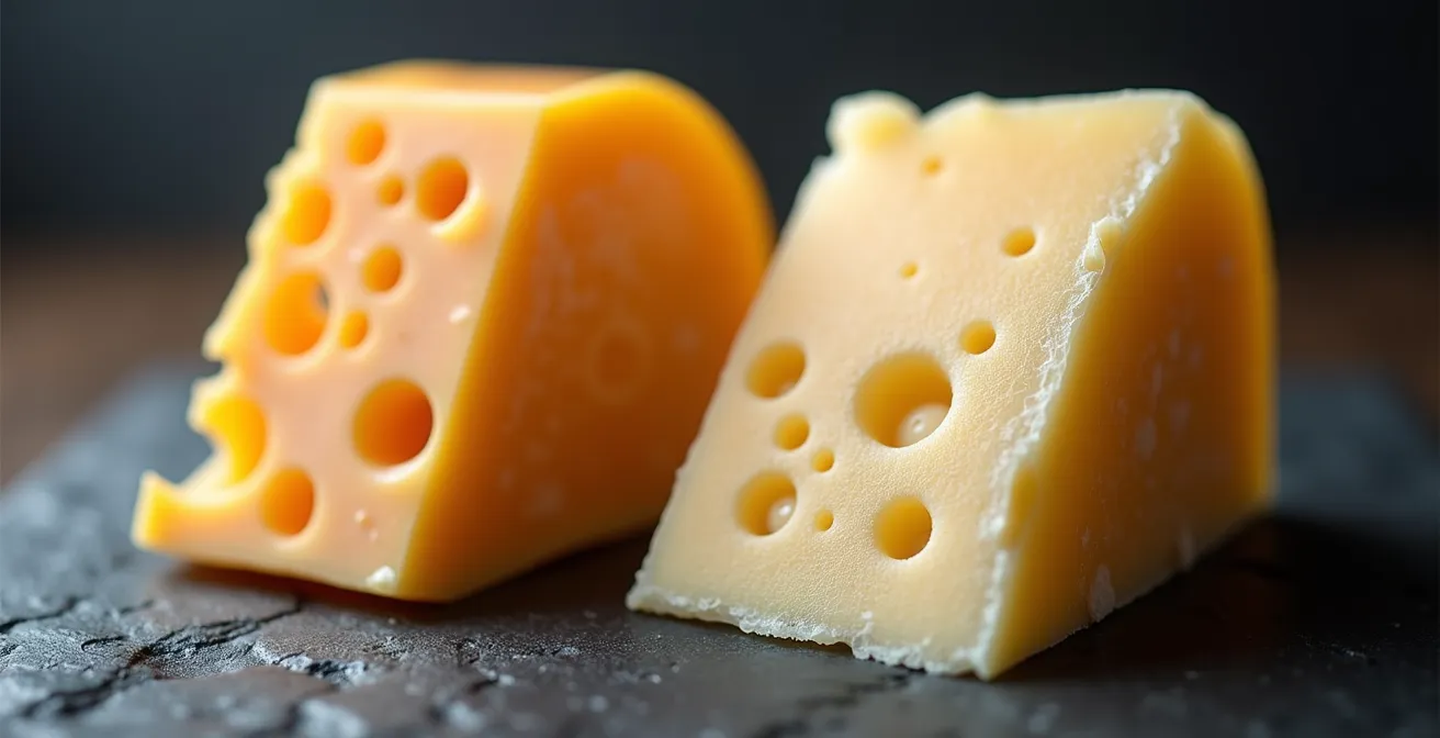 Coupe macroscopique comparative entre un fromage d'alpage à la texture riche et cristalline et un fromage industriel à la pâte lisse et uniforme.