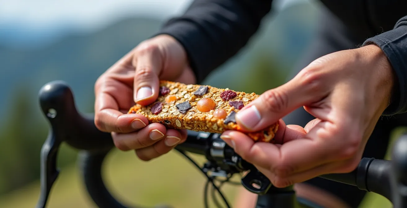 Gros plan sur les mains d'un cycliste tenant un gel énergétique et une barre, dont la texture et les détails sont visibles.