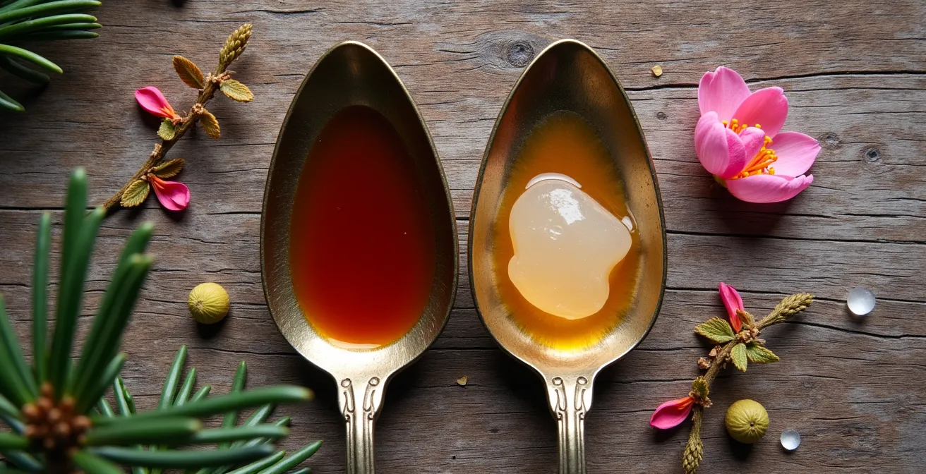 Deux cuillères de miel montrant les textures différentes du miel de sapin liquide et du miel de rhododendron cristallisé