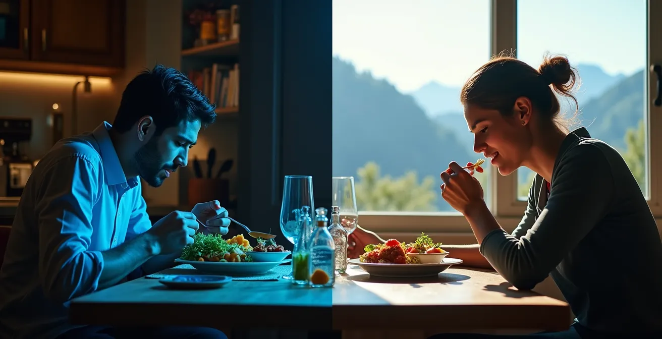 Diptyque montrant deux scènes de repas : une avec distraction technologique, l'autre face à la nature
