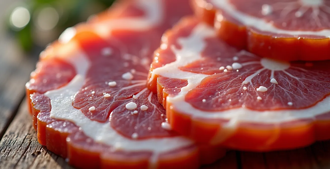 Gros plan macro sur la texture d'une tranche de salaison montrant les fibres de la viande et les cristaux de sel