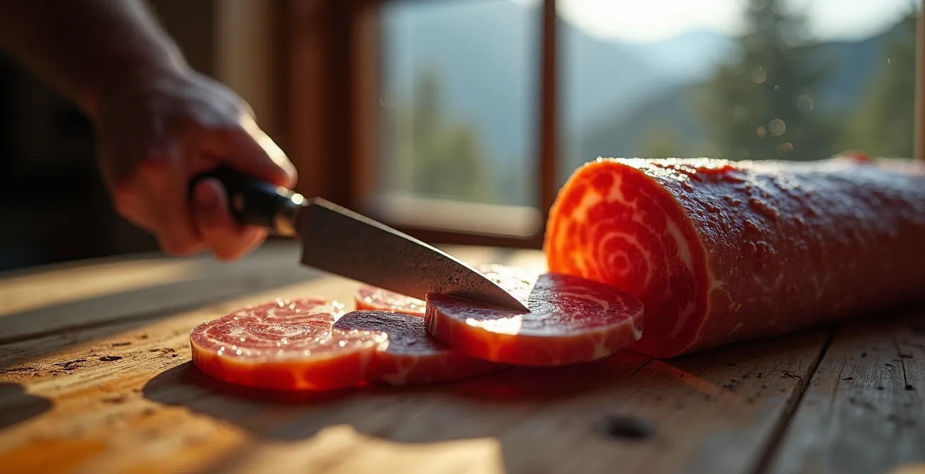 Gros plan macro sur texture de saucisson artisanal avec couteau sur planche de bois