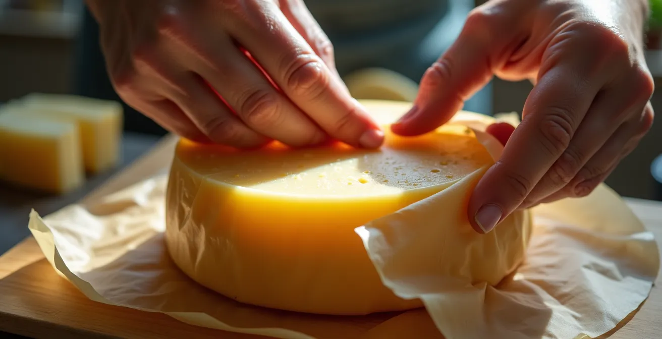 Mains enveloppant délicatement un morceau de Comté dans du papier ciré