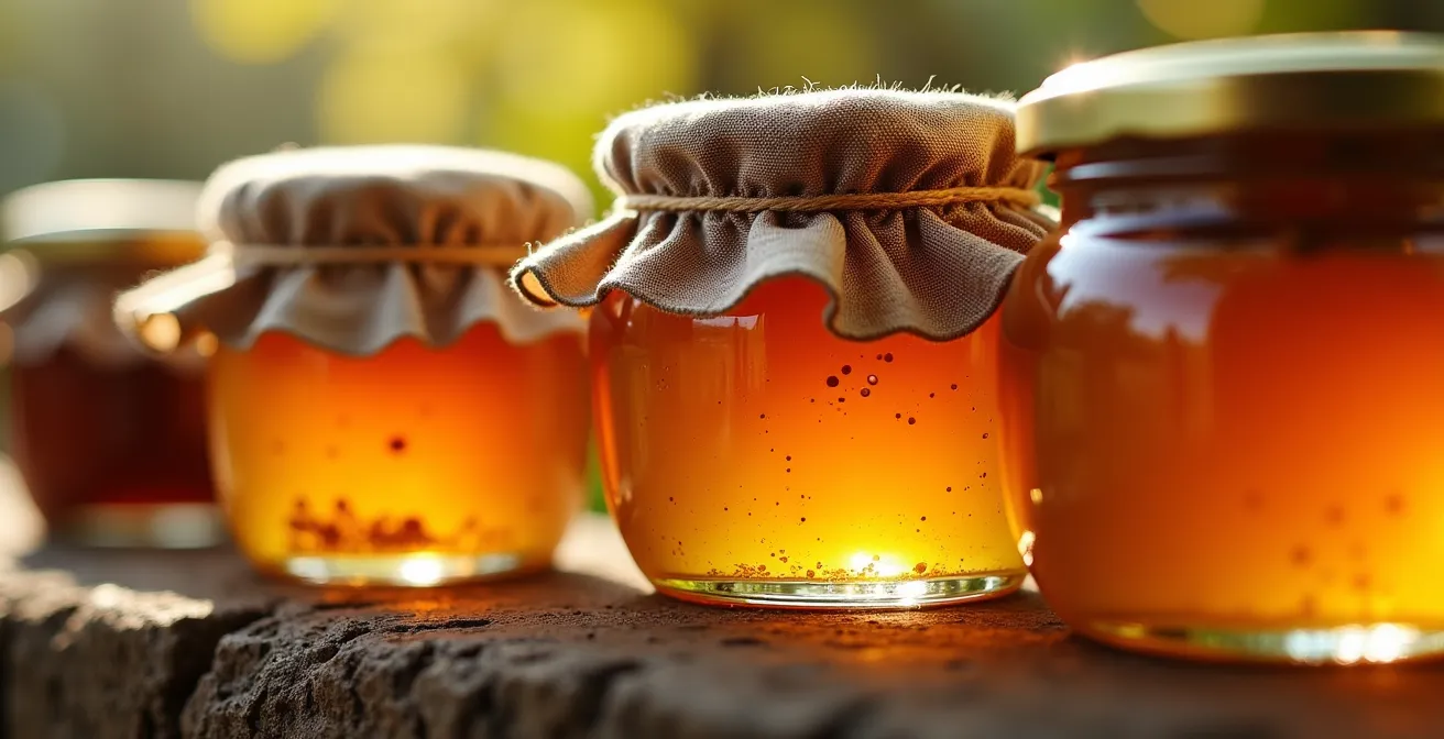Vue macro de pots de miel artisanaux et confitures dans un panier