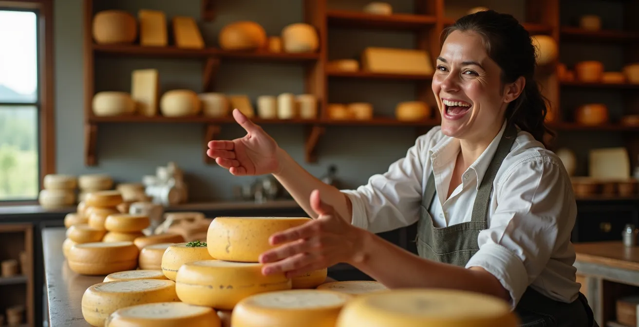 Intérieur d'une coopérative laitière de vallée avec étagères de fromages