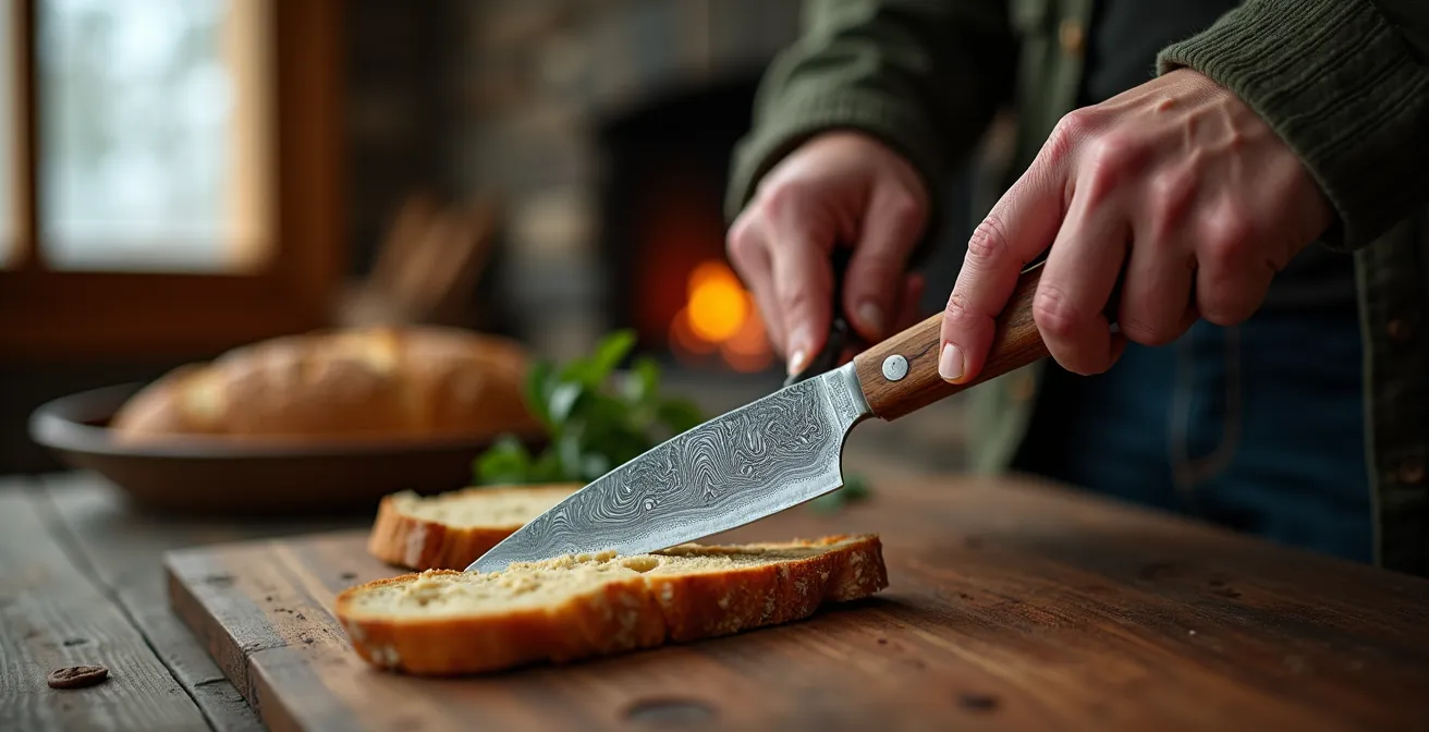 Couteau de montagne artisanal avec manche en bois sculpté posé sur planche à découper