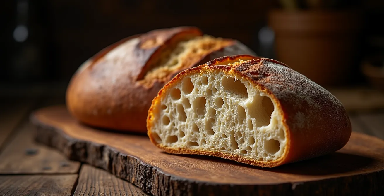 Coupe transversale d'un pain montrant la croûte caramélisée et la mie alvéolée