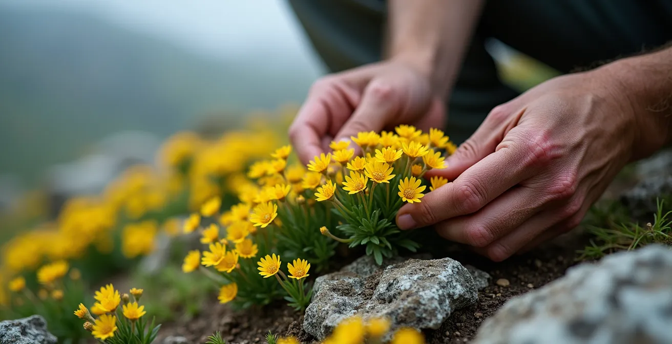 Main cueillant délicatement des fleurs de génépi jaunes sur un versant de montagne escarpé