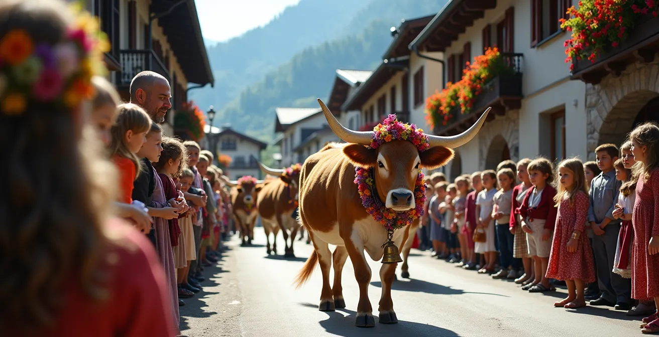 Vaches décorées de fleurs et cloches lors d'une désalpe festive en montagne