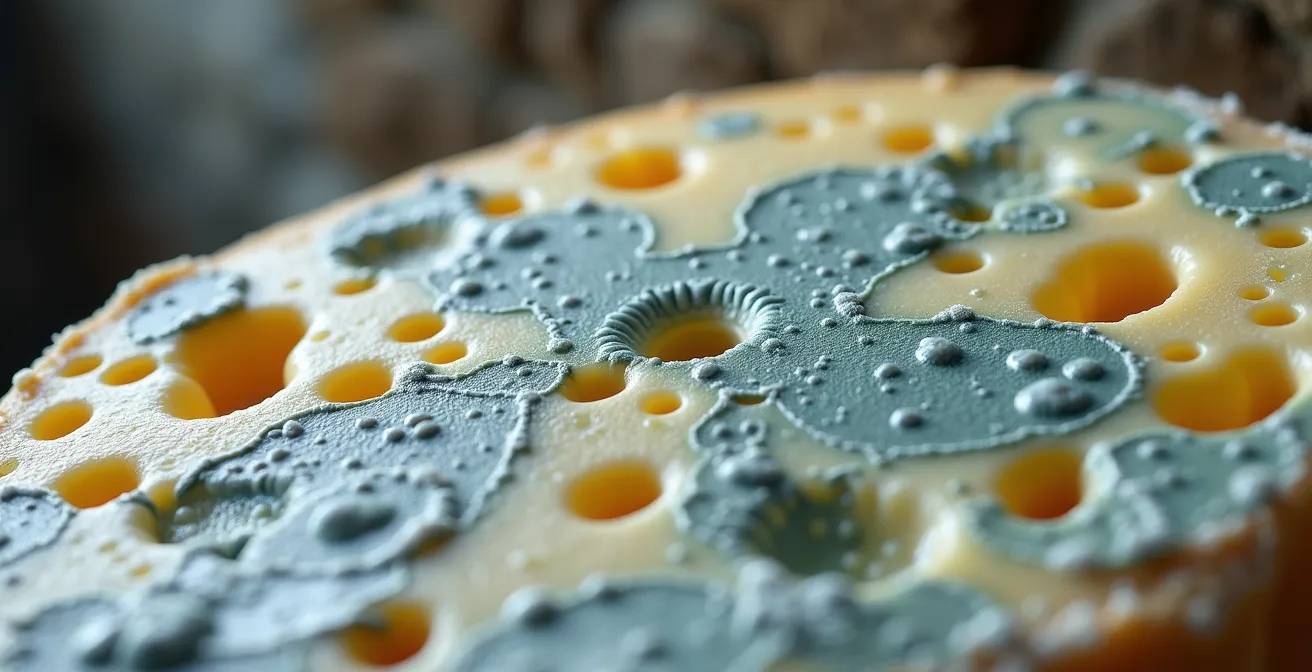 Vue macro de micro-organismes sur croûte de fromage en cave