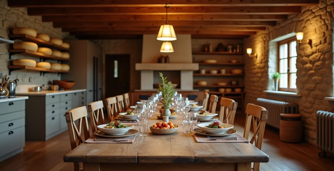 Famille partageant un repas avec des fermiers dans une salle à manger rustique de ferme