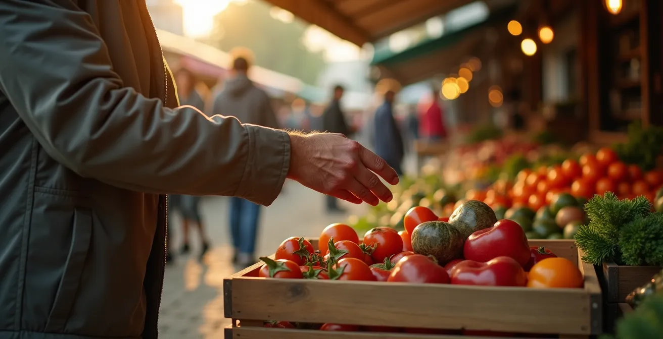 Scène de fin de marché en montagne avec paniers de légumes imparfaits