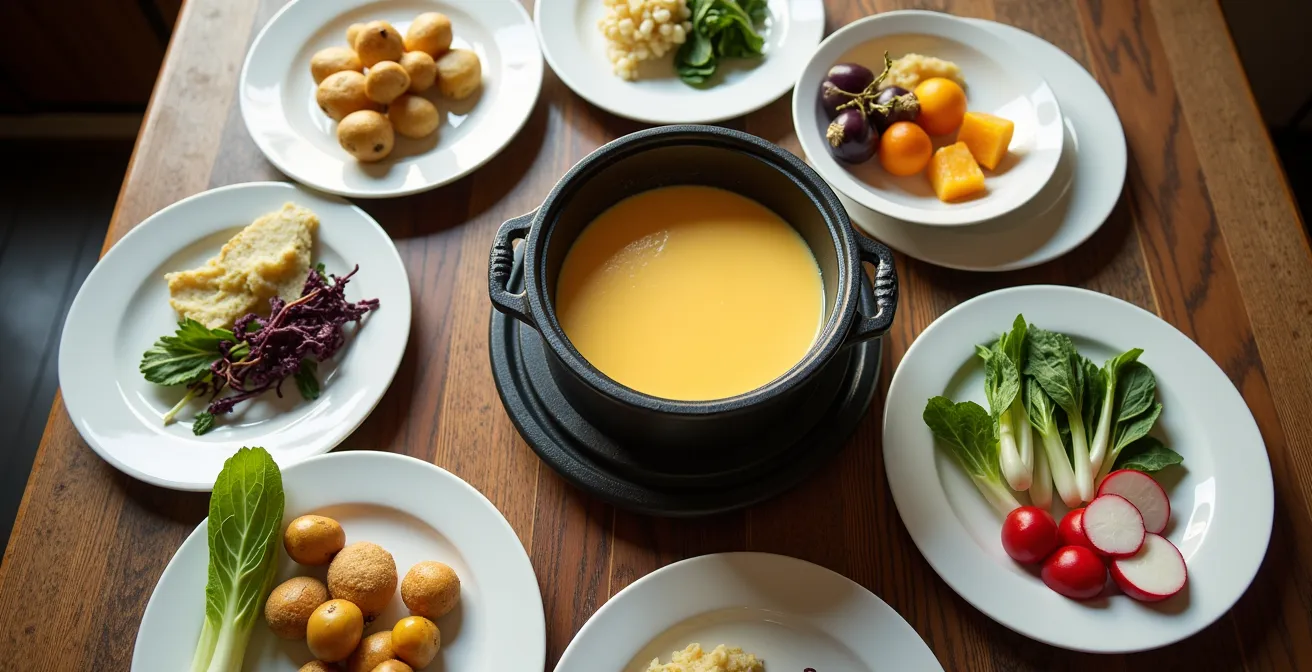 Vue aérienne d'une table de fondue avec caquelon central et assiettes de crudités colorées disposées en cercle