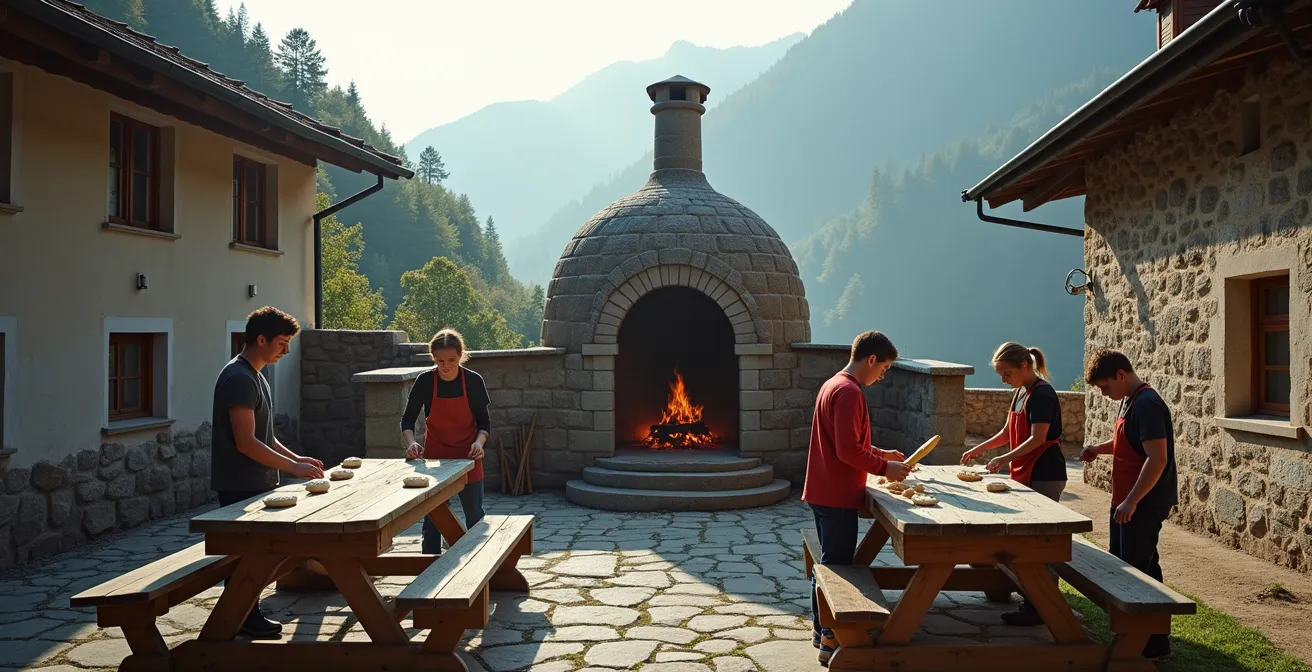 Jeunes bénévoles préparant le pain au four banal du village de montagne