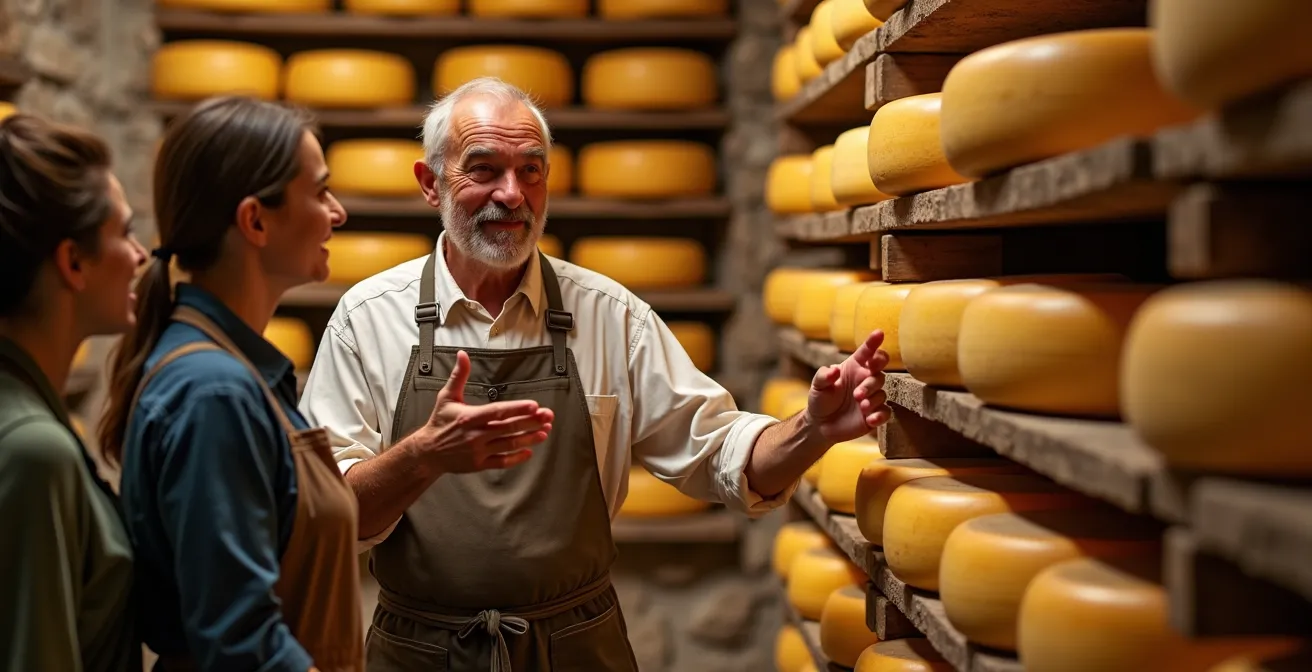 Un fromager alpin explique ses produits à des visiteurs dans sa fromagerie artisanale