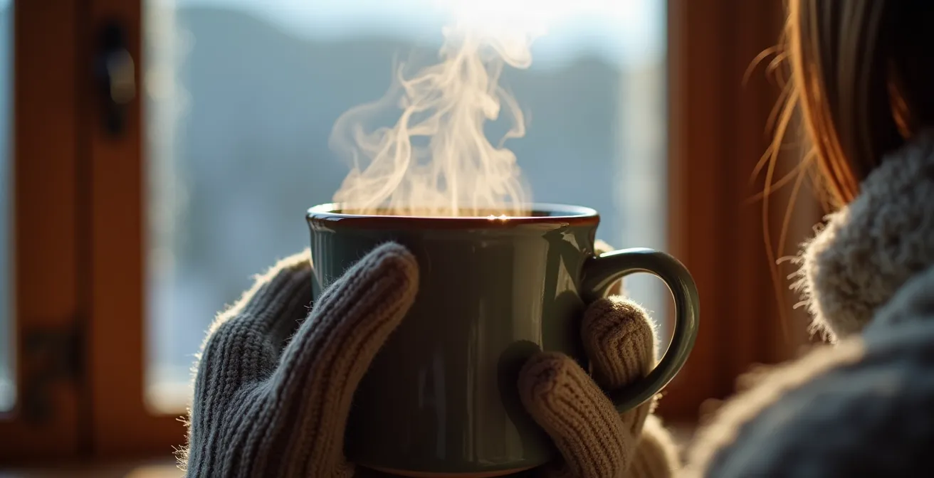 Main tenant une tasse fumante de thé dans un refuge de montagne avec vue sur les sommets enneigés