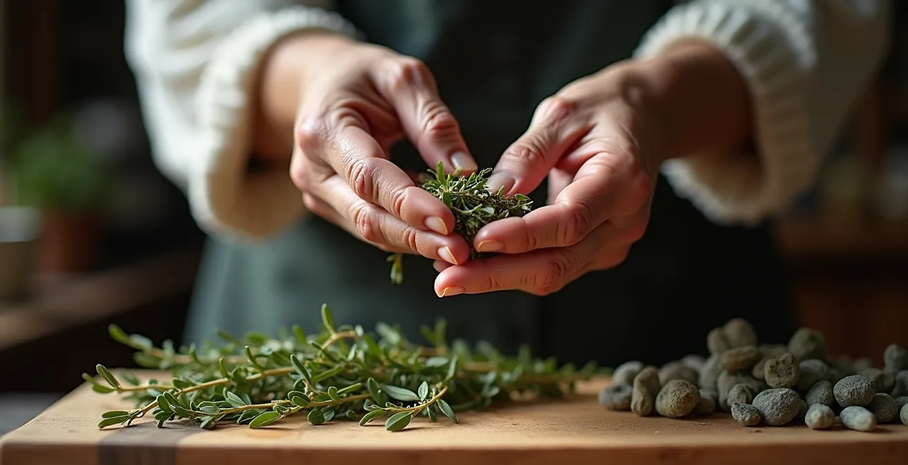 Mains ridées d'une personne âgée tenant délicatement des herbes aromatiques séchées, évoquant la transmission d'un savoir-faire culinaire traditionnel.