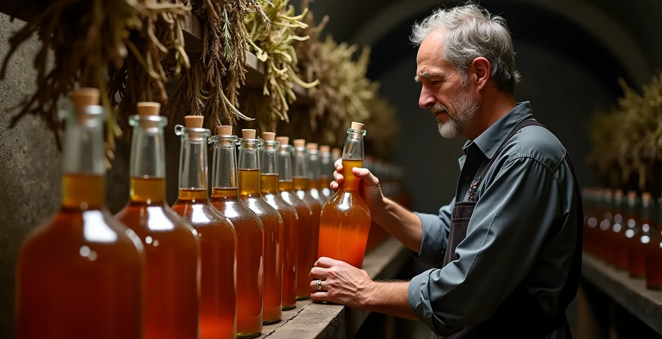 Cave artisanale avec bonbonnes de macération de liqueur de plantes
