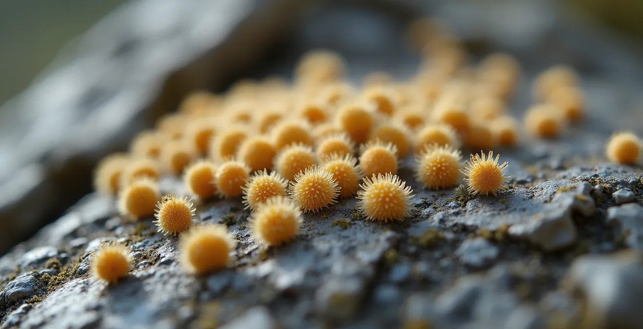Vue macro de graines de plantes alpines endémiques sur fond de rocher