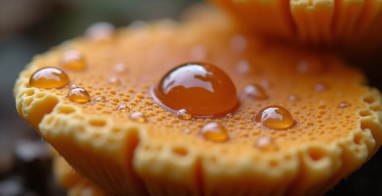 Vue macro de la surface poreuse d'un cèpe avec gouttelettes d'eau perlant sur les pores