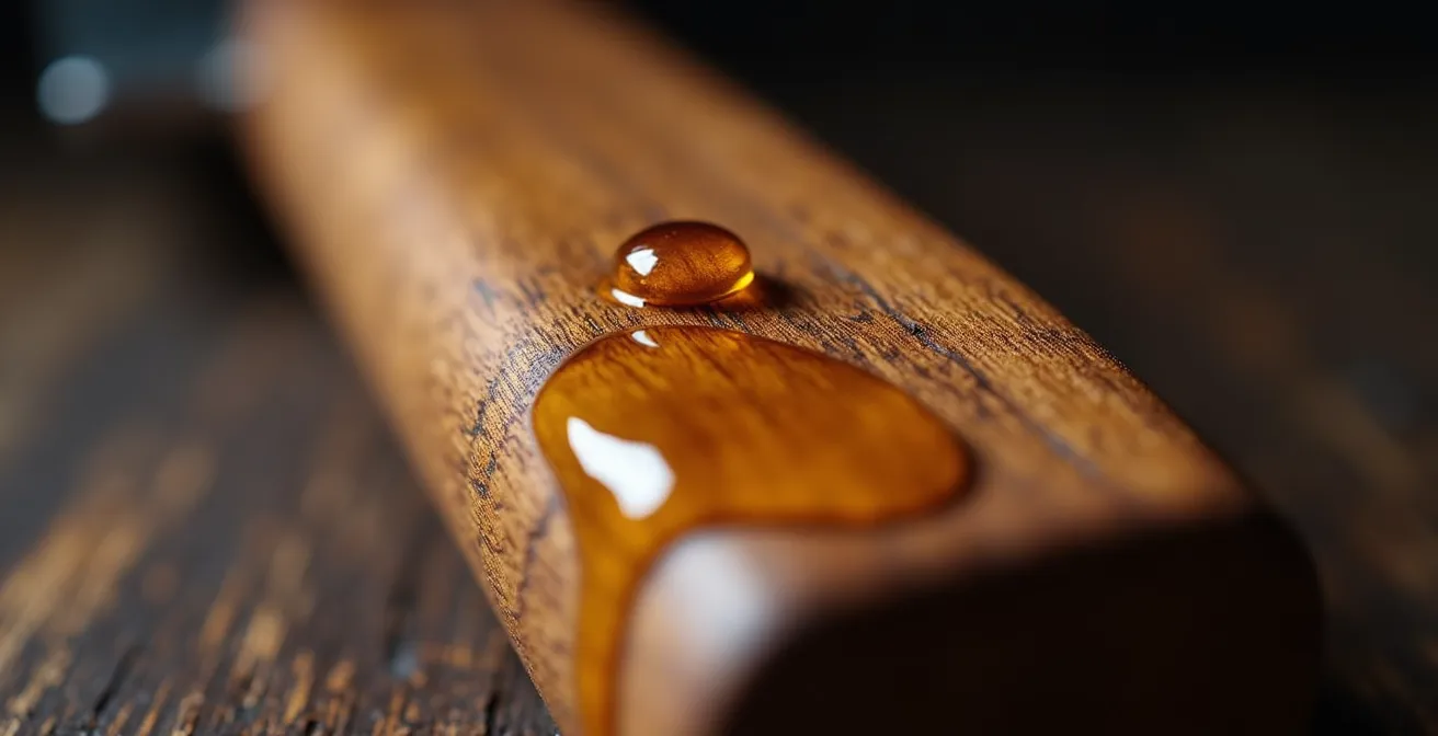 Gros plan macro sur un manche en bois de noyer huilé montrant les veines et la texture satinée
