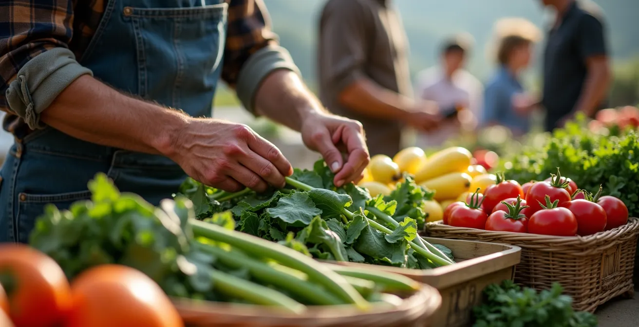 Marché de producteurs en montagne avec étal de légumes frais et paniers préparés