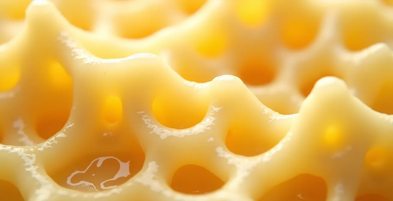 Vue macro de la structure du fromage montrant les micelles de caséine et les globules gras