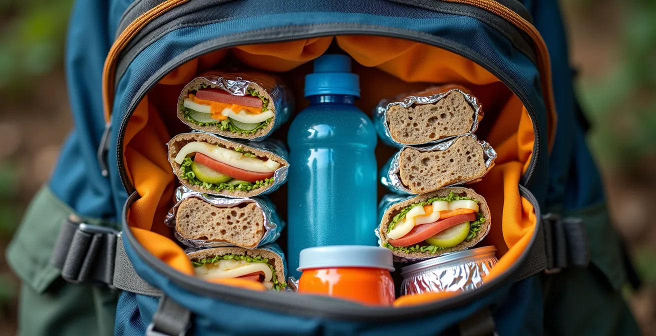 Vue en coupe d'un sac à dos de randonnée montrant l'organisation optimale des aliments pour conserver la fraîcheur