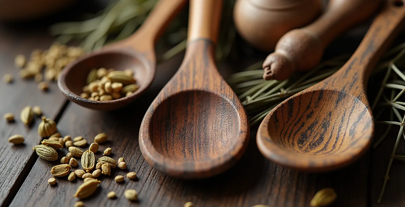 Détail macro d'objets culinaires traditionnels montagnards avec textures naturelles