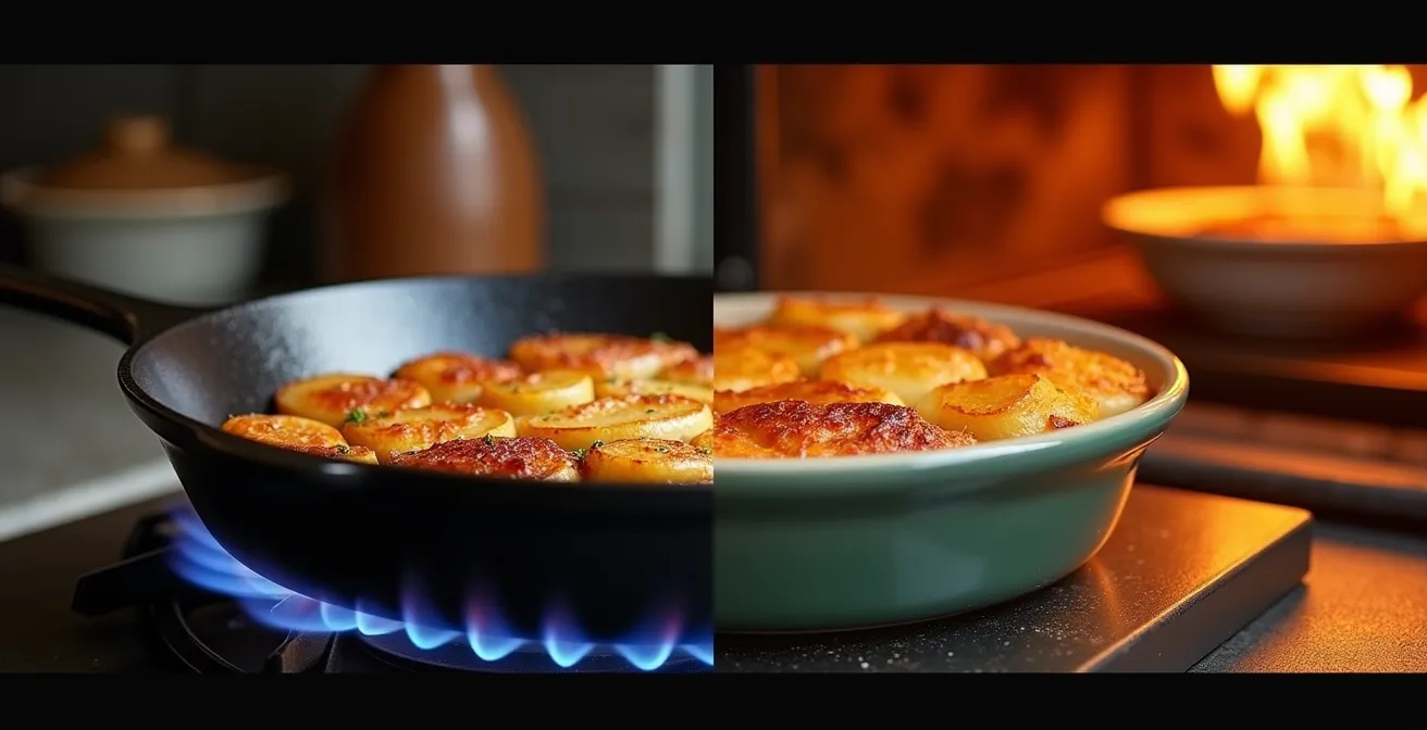 Comparaison visuelle entre poêle en fonte et plat au four pour la tartiflette