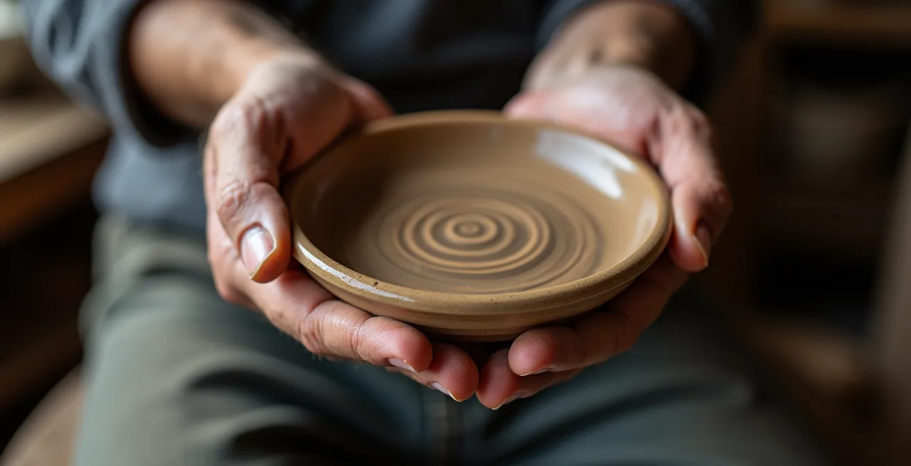 Vue du dessous d'un plat en grès montrant les traces de tournage et la signature de l'artisan