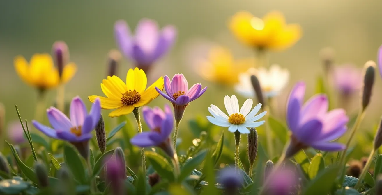Prairie d'alpage parsemée de fleurs sauvages colorées avec détail sur la diversité botanique