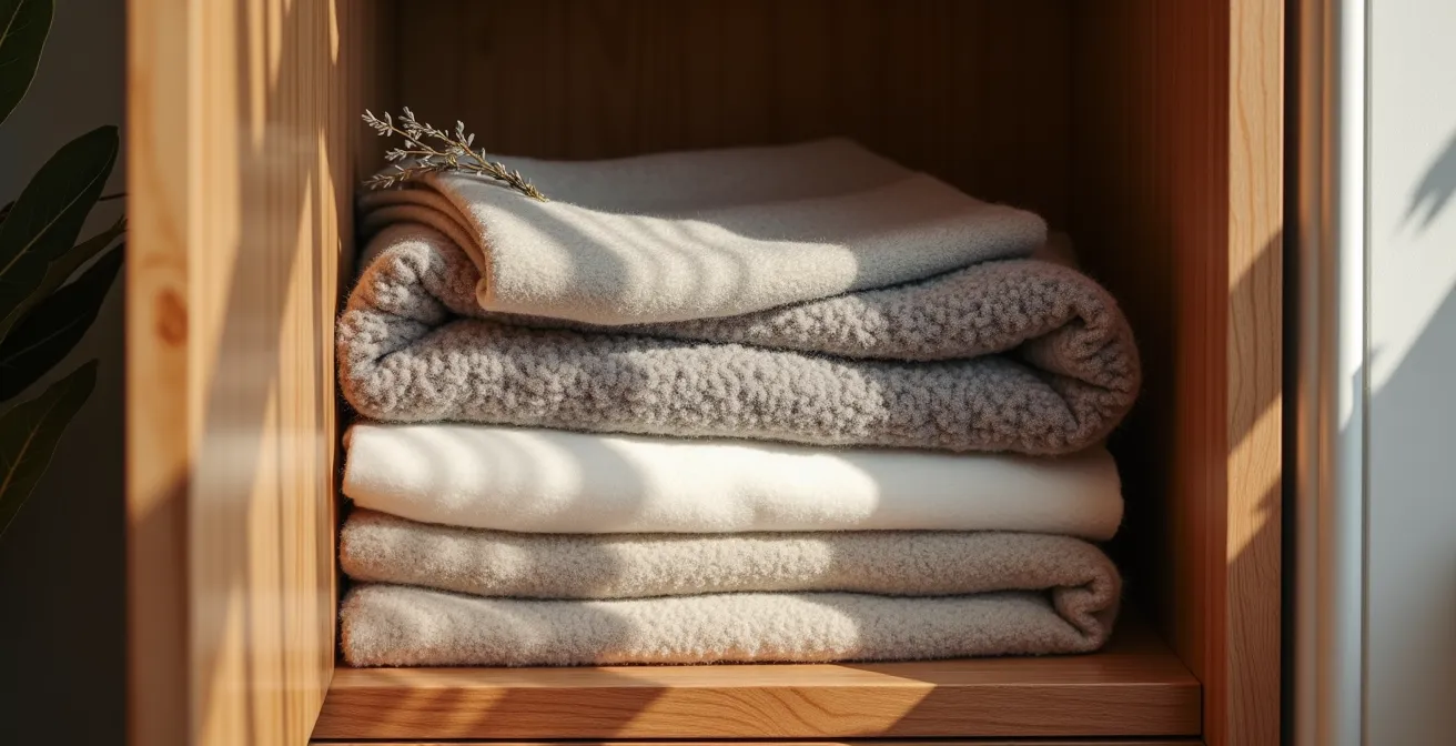 Armoire en bois avec couvertures en laine pliées et sachets de lavande