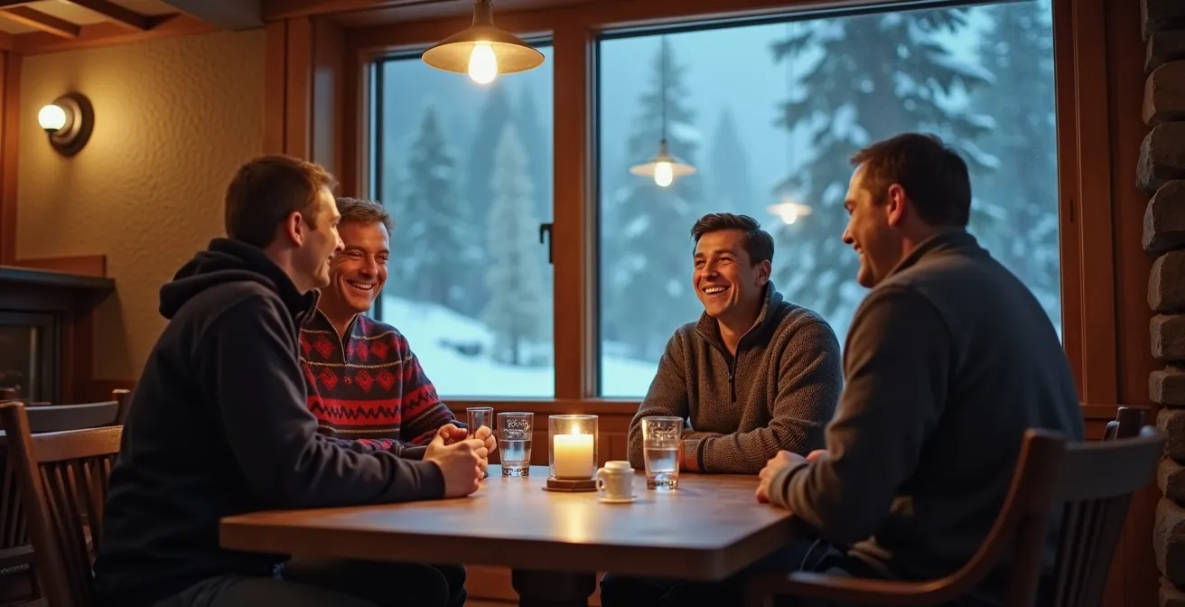 Petit chalet-restaurant traditionnel niché dans la forêt enneigée, accessible uniquement à ski