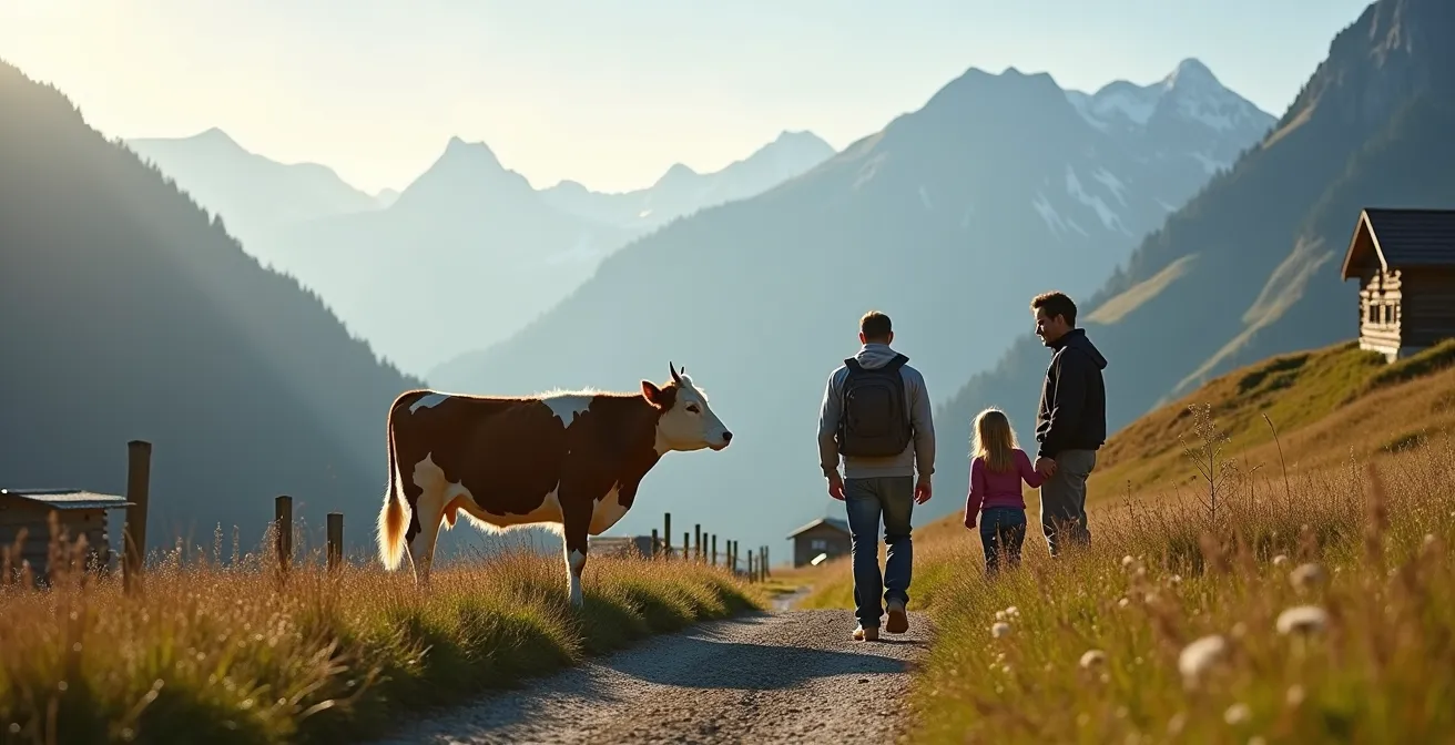 Famille rencontrant leur vache parrainée dans un alpage ensoleillé avec éleveur
