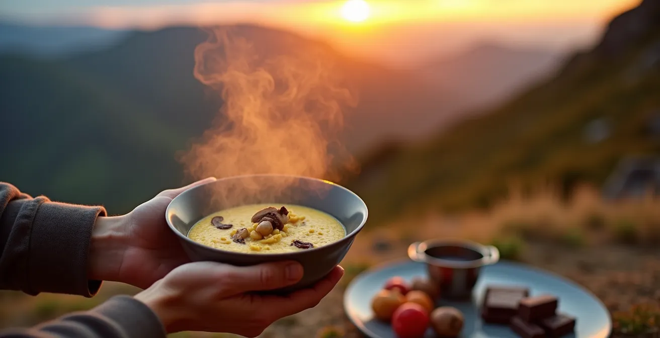 Repas de célébration en bivouac avec vue sur les montagnes au coucher du soleil