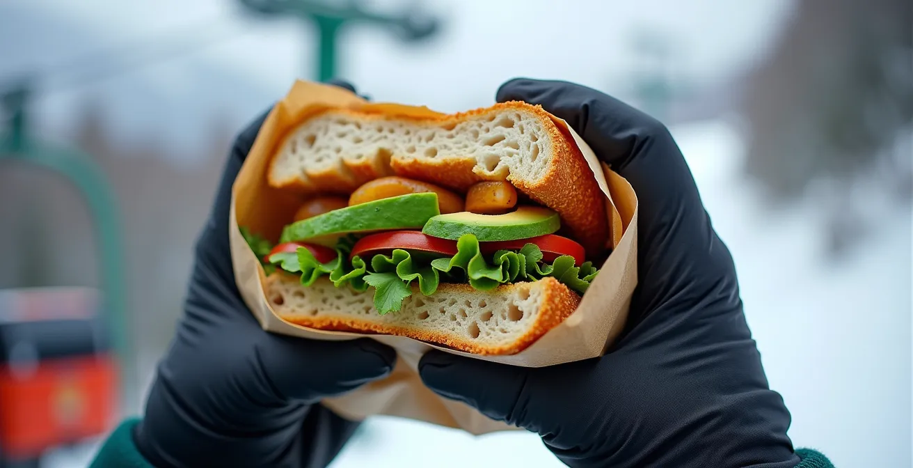 Gros plan sur un sandwich énergétique avec pain complet et ingrédients frais dans un télésiège