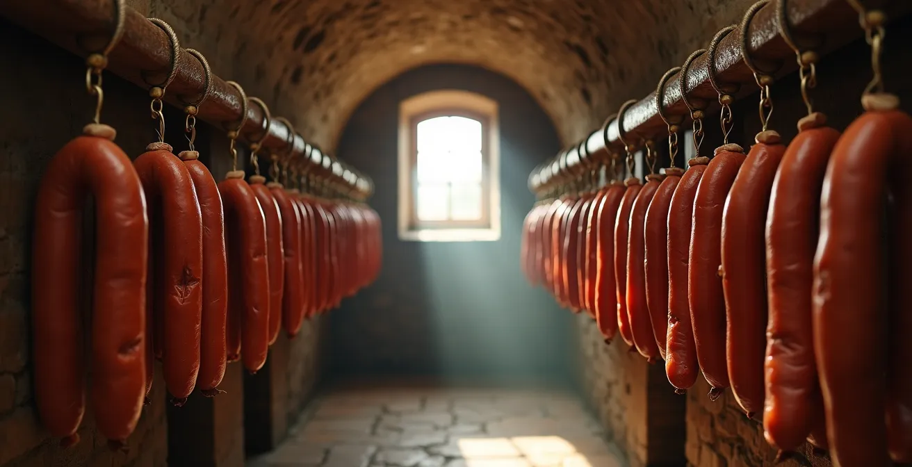 Saucissons suspendus dans une cave traditionnelle avec lumière naturelle filtrant à travers une petite fenêtre